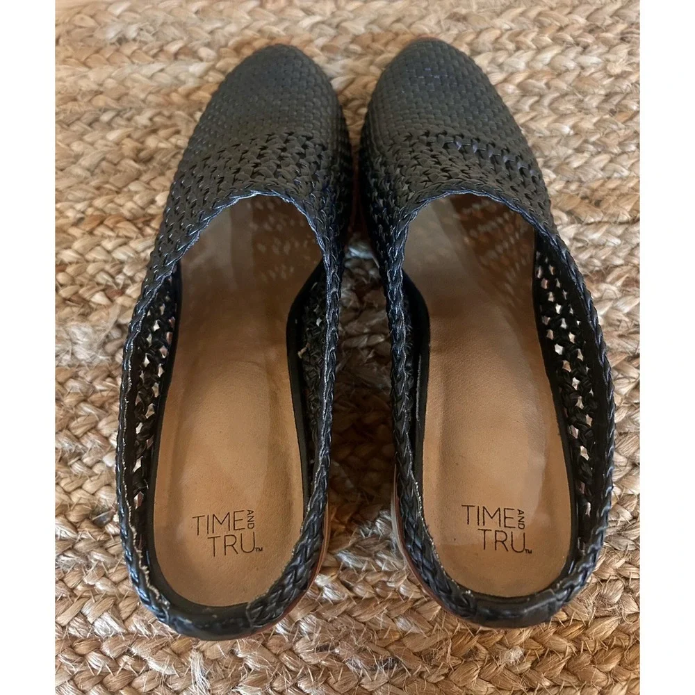 Time & True Mules Shoes Womens Size 9 Open Weave Stack Heel Clog Slides Black